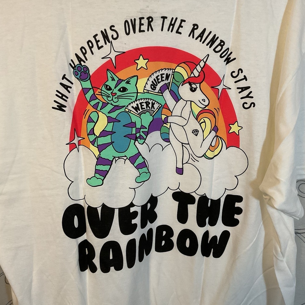 Over the Rainbow Cat Unicorn Graphic Tee LGBTQ Pride Shirt Funny Retro Style XL